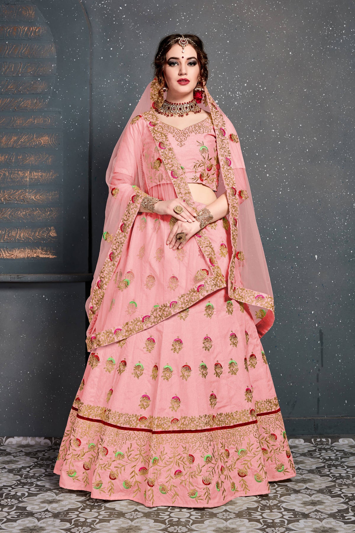 Prominent Baby Pink Embroidered Slub Silk Lehenga Choli ClothsVilla Main image
