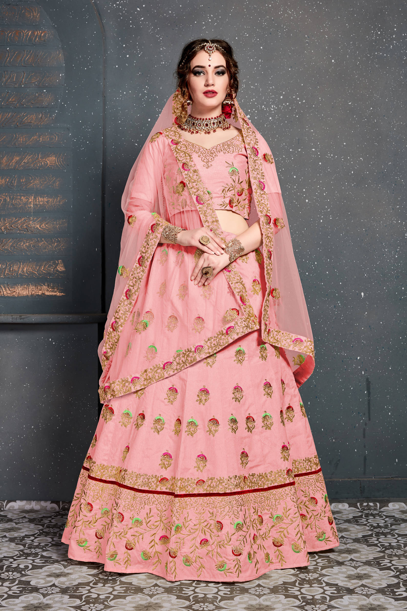 Prominent Baby Pink Embroidered Slub Silk Lehenga Choli ClothsVilla Main image