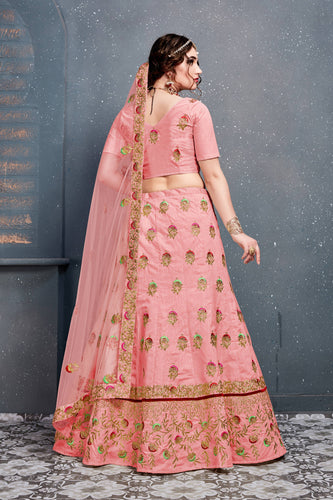 Prominent Baby Pink Embroidered Slub Silk Lehenga Choli ClothsVilla