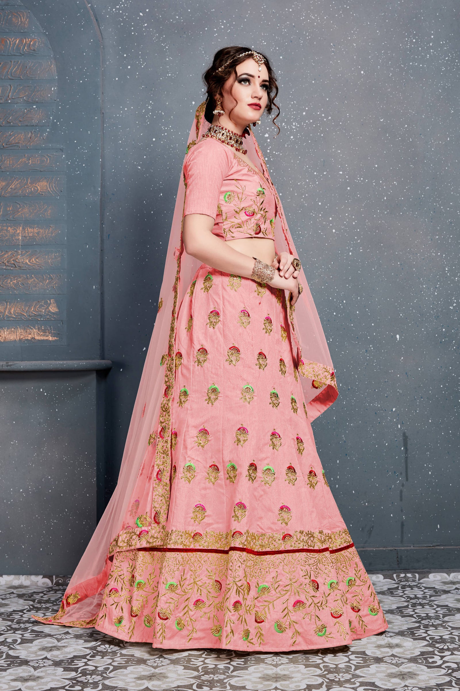 Prominent Baby Pink Embroidered Slub Silk Lehenga Choli ClothsVilla