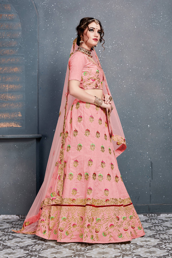Prominent Baby Pink Embroidered Slub Silk Lehenga Choli ClothsVilla