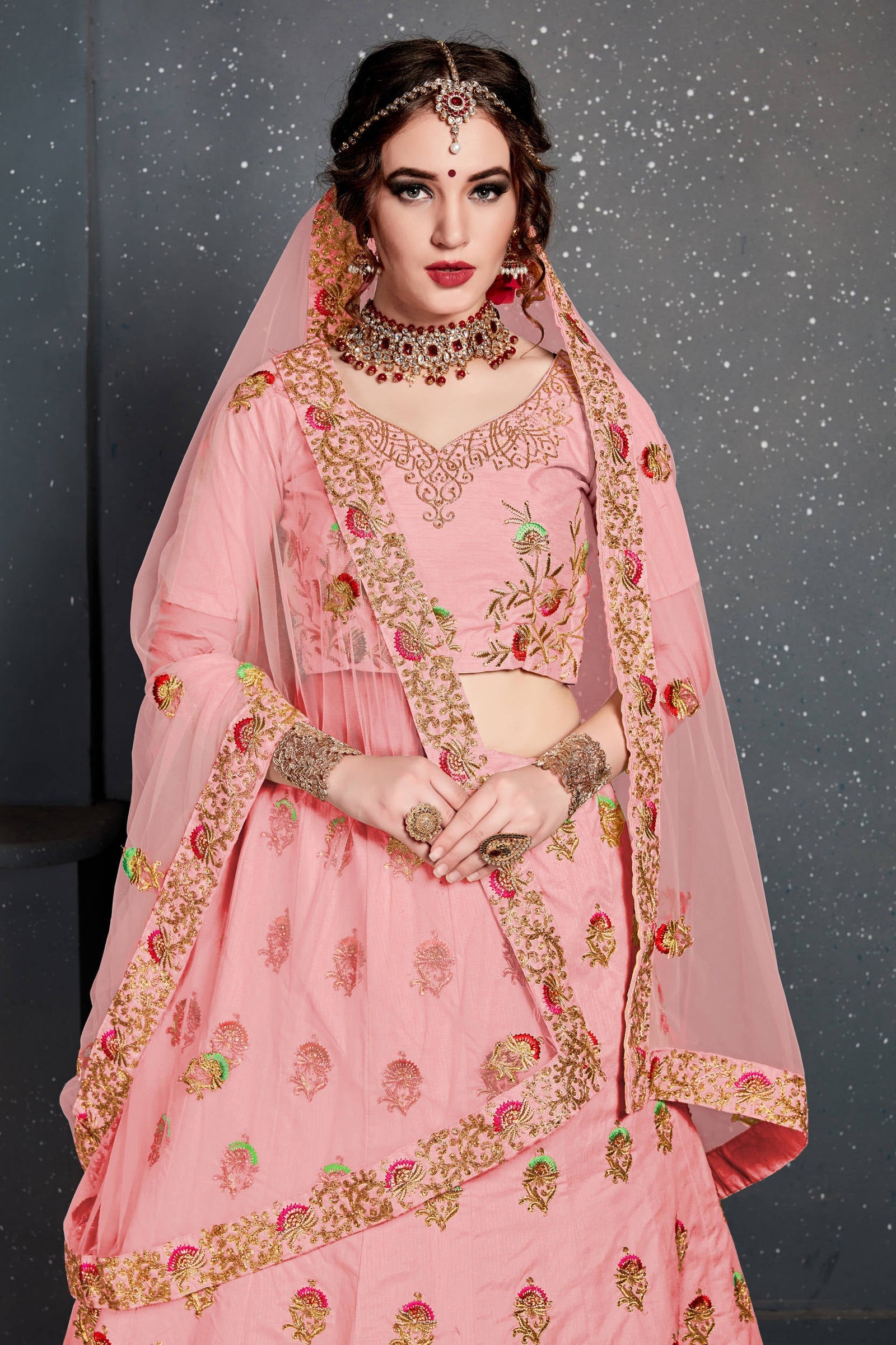 Prominent Baby Pink Embroidered Slub Silk Lehenga Choli ClothsVilla