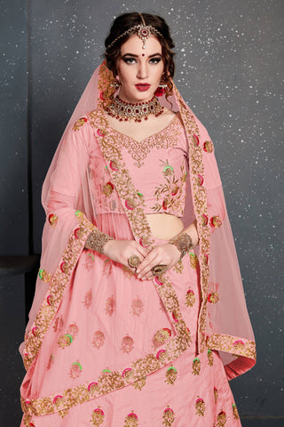 Prominent Baby Pink Embroidered Slub Silk Lehenga Choli ClothsVilla