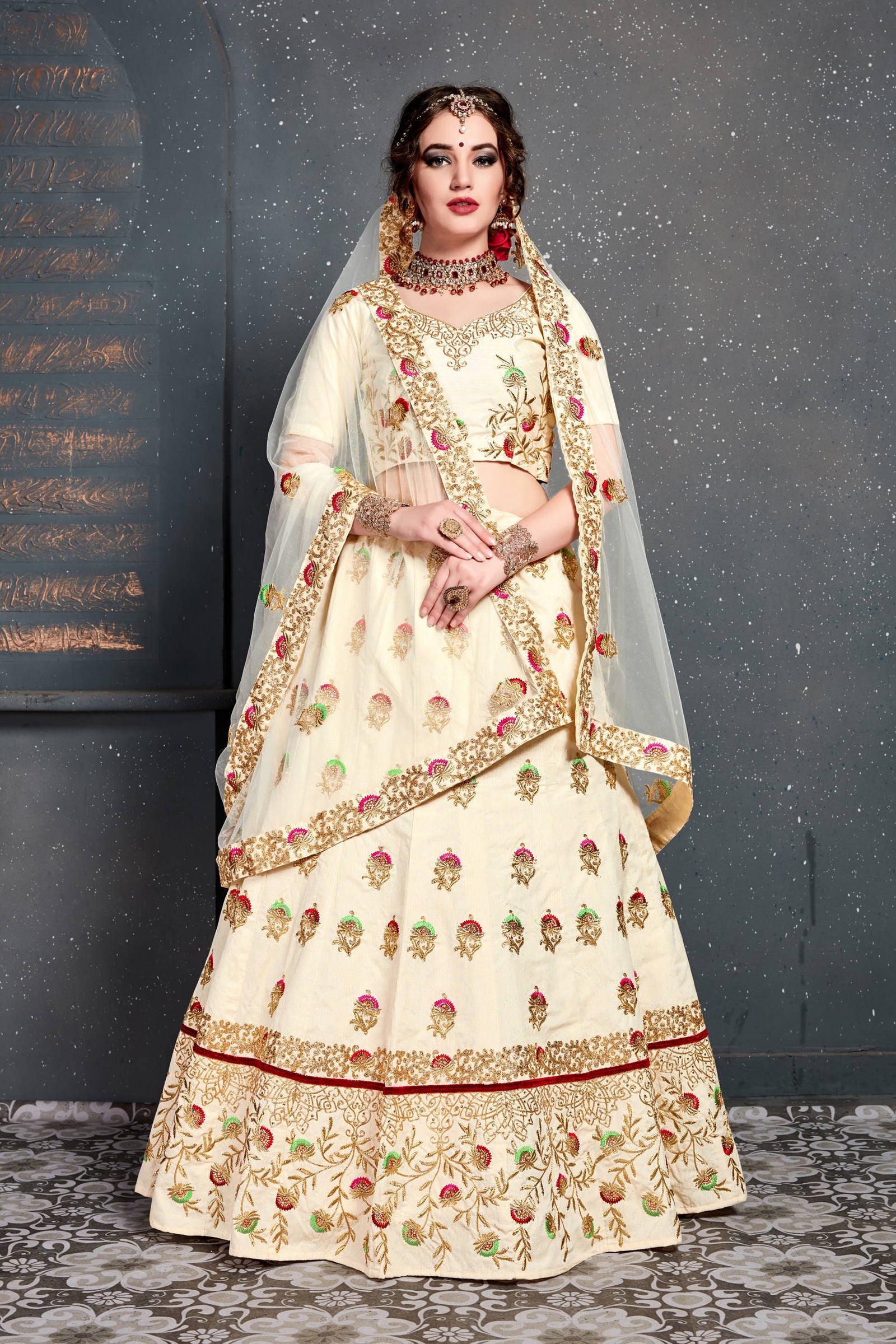 Marvellous Cream Embroidered Slub Silk Lehenga Choli ClothsVilla