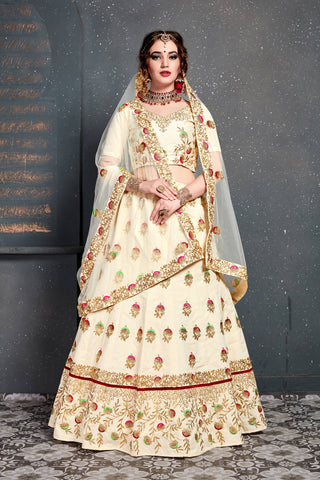 Marvellous Cream Embroidered Slub Silk Lehenga Choli ClothsVilla