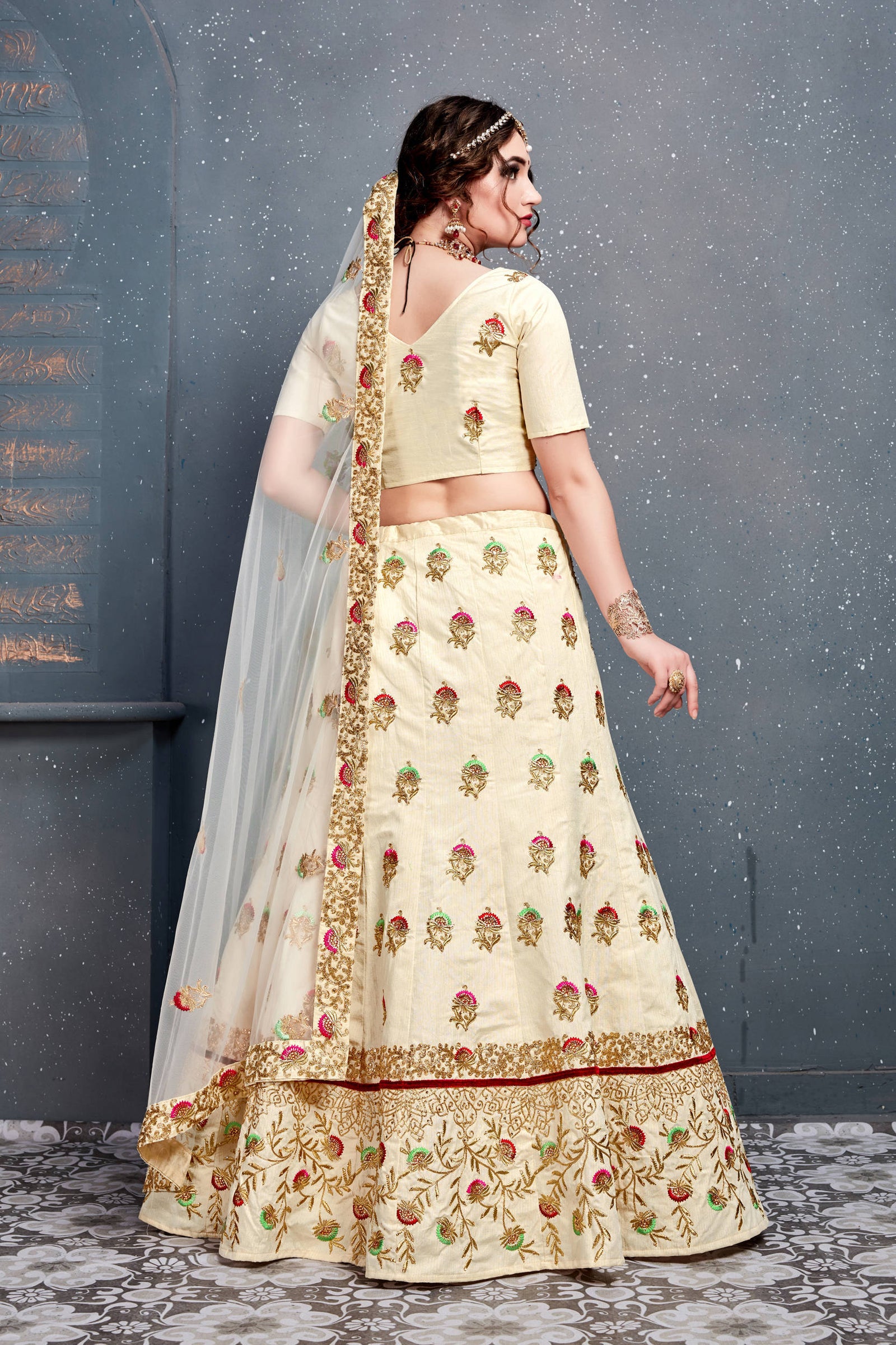 Marvellous Cream Embroidered Slub Silk Lehenga Choli ClothsVilla