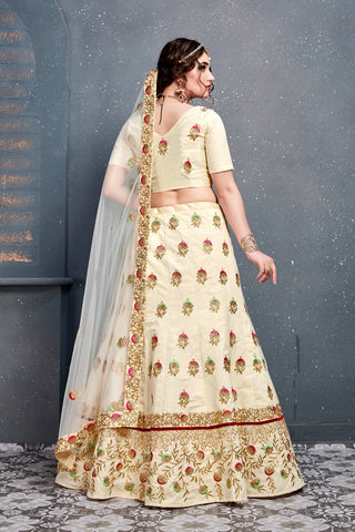 Marvellous Cream Embroidered Slub Silk Lehenga Choli ClothsVilla