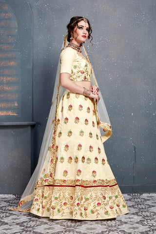 Marvellous Cream Embroidered Slub Silk Lehenga Choli ClothsVilla