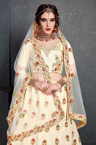 Marvellous Cream Embroidered Slub Silk Lehenga Choli ClothsVilla