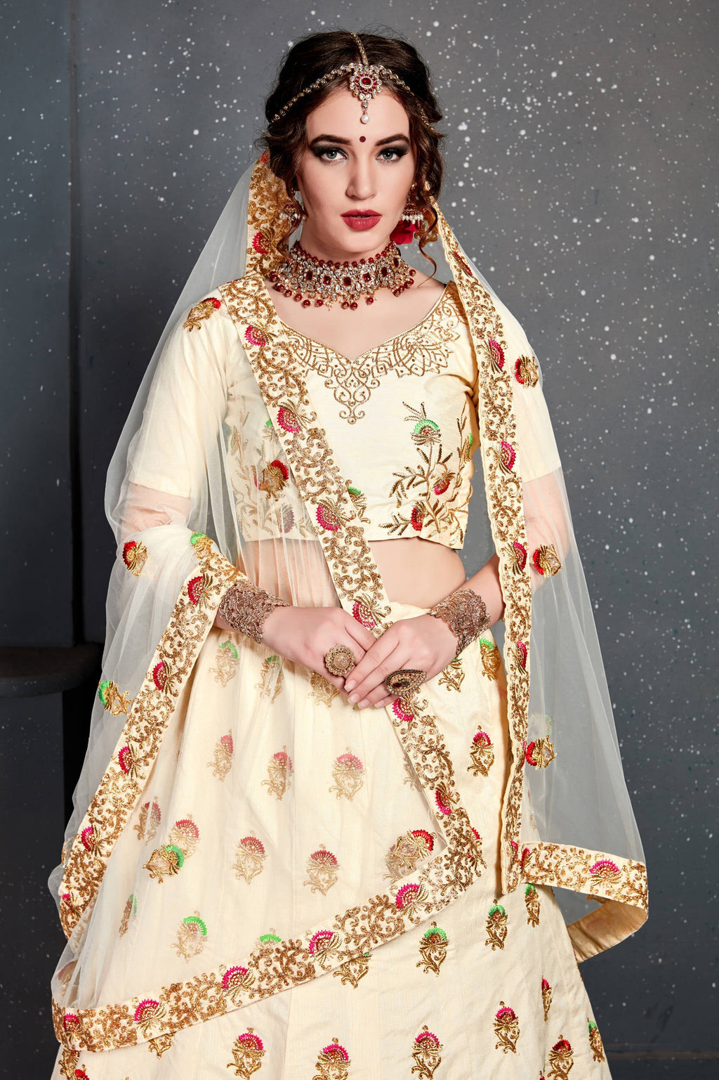 Marvellous Cream Embroidered Slub Silk Lehenga Choli ClothsVilla