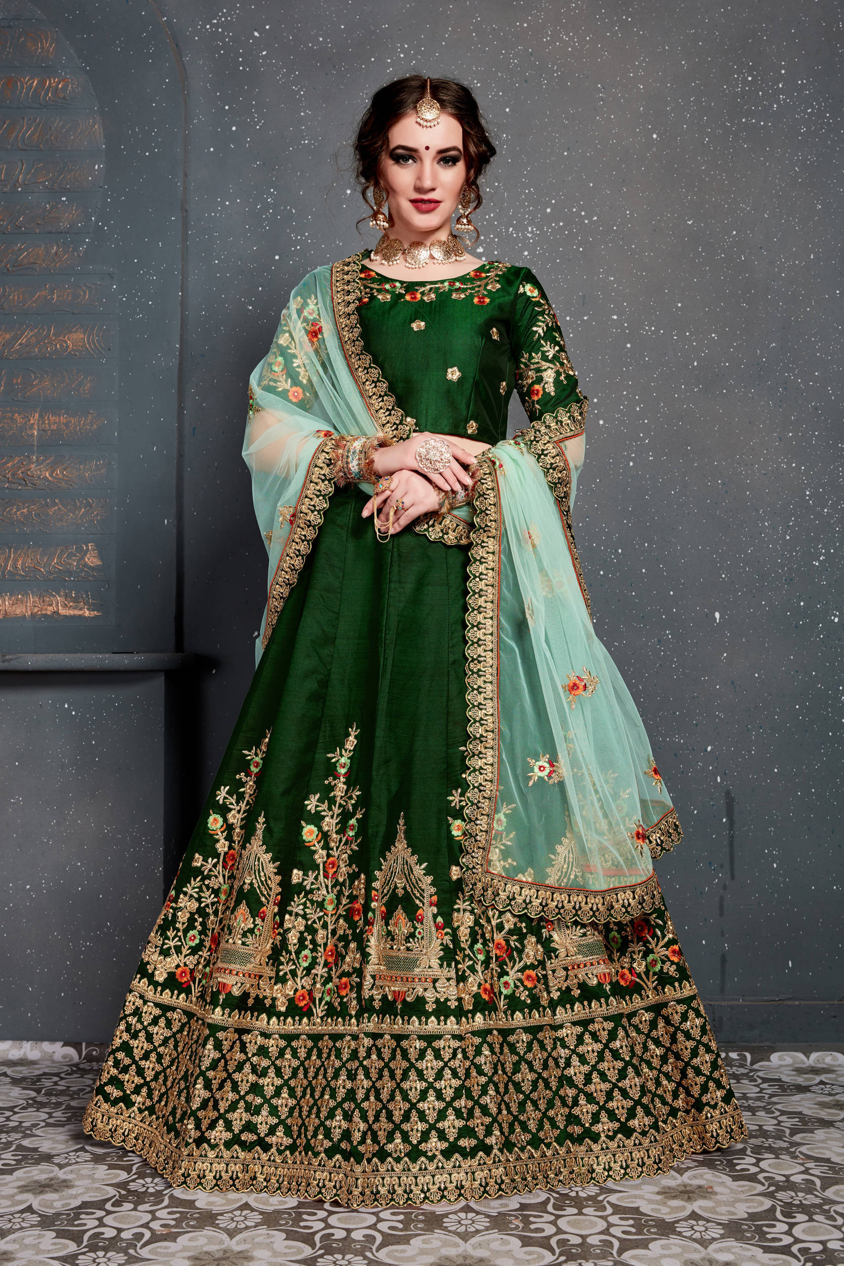 Dark Green Bridal Wear Embroidered Taffeta Silk Lehenga Choli ClothsVilla Main image