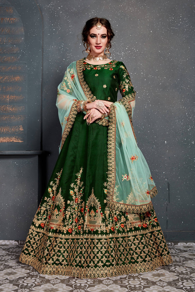 Dark Green Bridal Wear Embroidered Taffeta Silk Lehenga Choli ClothsVilla