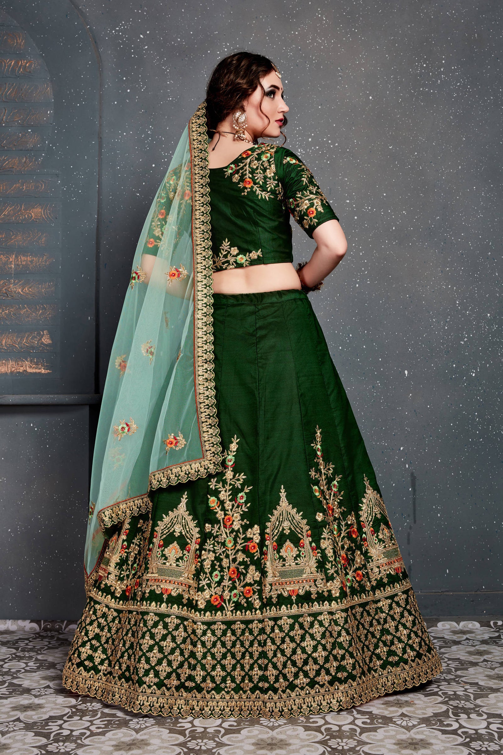 Dark Green Bridal Wear Embroidered Taffeta Silk Lehenga Choli ClothsVilla
