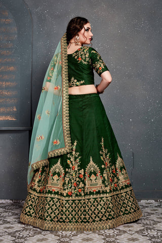 Dark Green Bridal Wear Embroidered Taffeta Silk Lehenga Choli ClothsVilla