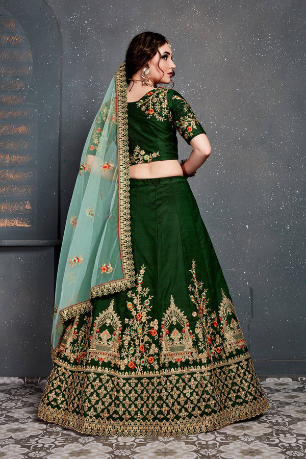 Dark Green Bridal Wear Embroidered Taffeta Silk Lehenga Choli ClothsVilla