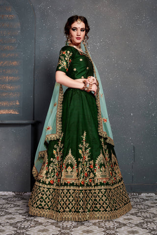 Dark Green Bridal Wear Embroidered Taffeta Silk Lehenga Choli ClothsVilla
