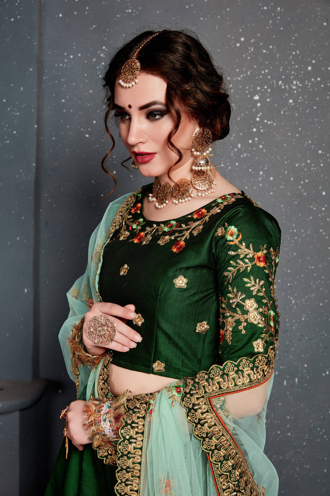 Dark Green Bridal Wear Embroidered Taffeta Silk Lehenga Choli ClothsVilla