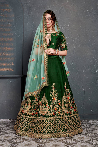 Dark Green Bridal Wear Embroidered Taffeta Silk Lehenga Choli ClothsVilla
