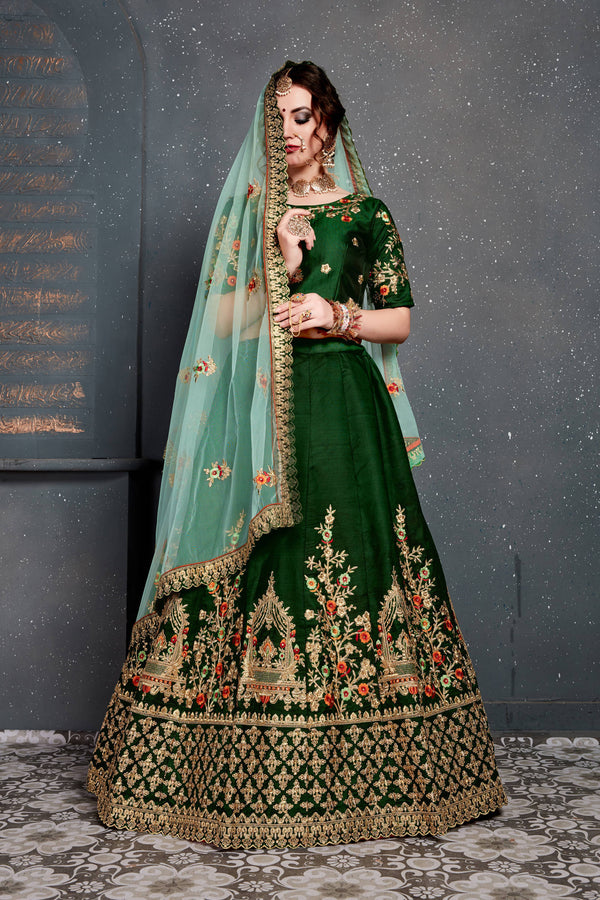 Dark Green Bridal Wear Embroidered Taffeta Silk Lehenga Choli ClothsVilla