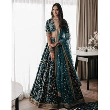 Load image into Gallery viewer, Dark Green Color Pure Velvet Bridal Wear Embroidered Lehenga Choli ClothsVilla
