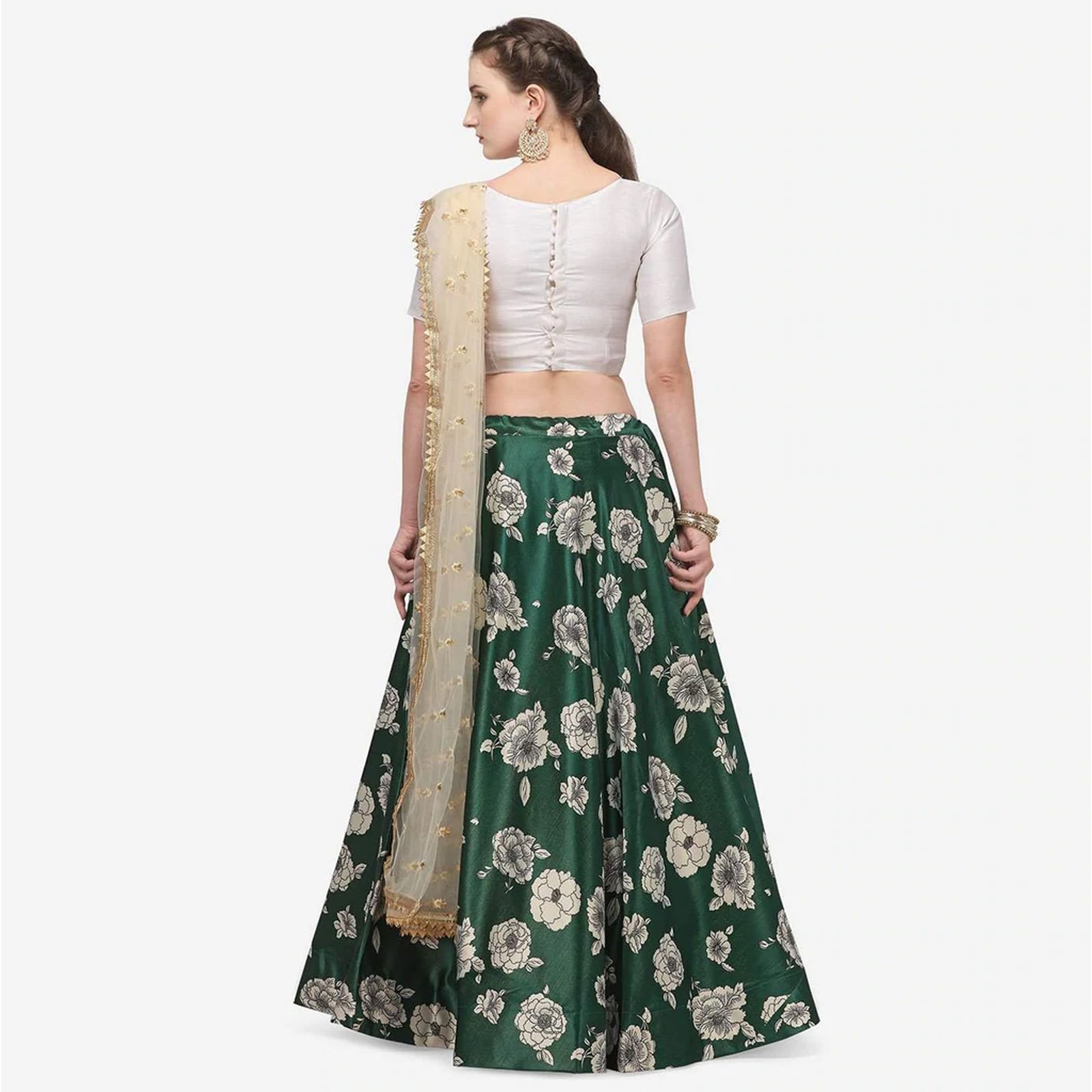 Dark Green Color Zari Satin Lehenga Choli with Net Dupatta ClothsVilla