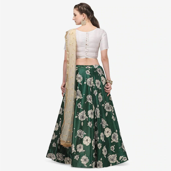 Dark Green Color Zari Satin Lehenga Choli with Net Dupatta ClothsVilla