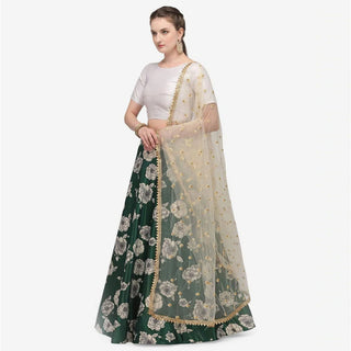 Dark Green Color Zari Satin Lehenga Choli with Net Dupatta ClothsVilla