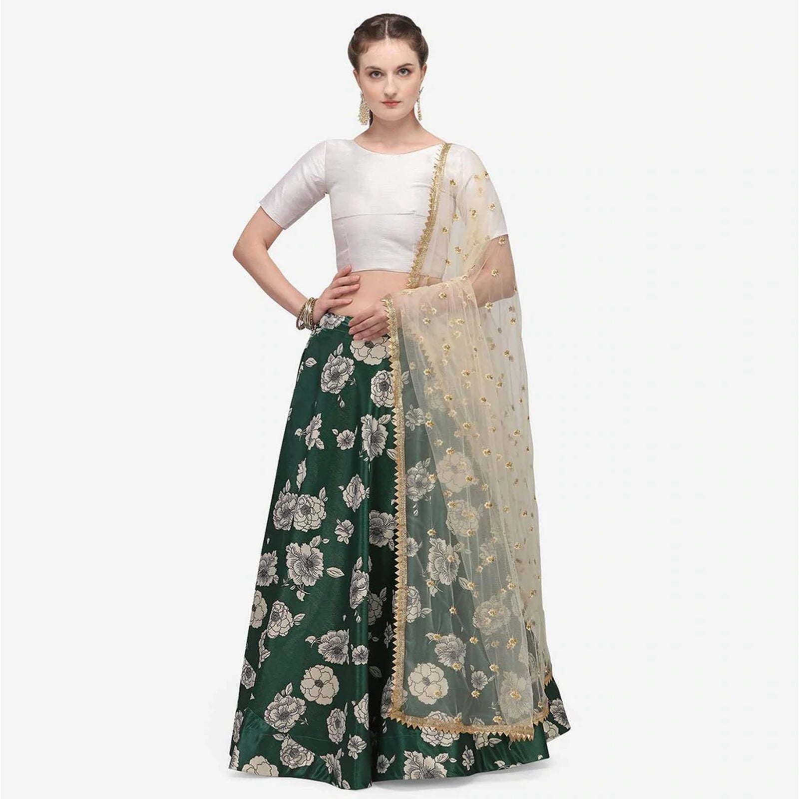 Dark Green Color Zari Satin Lehenga Choli with Net Dupatta ClothsVilla