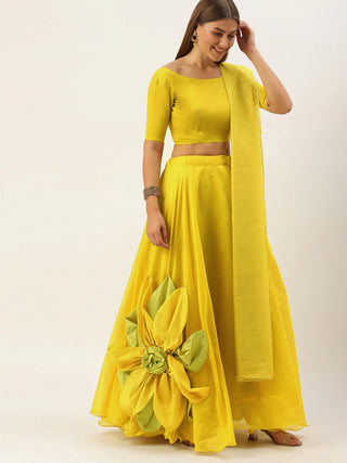 Yellow Silk Lehenga Choli with Flower attached ClothsVilla