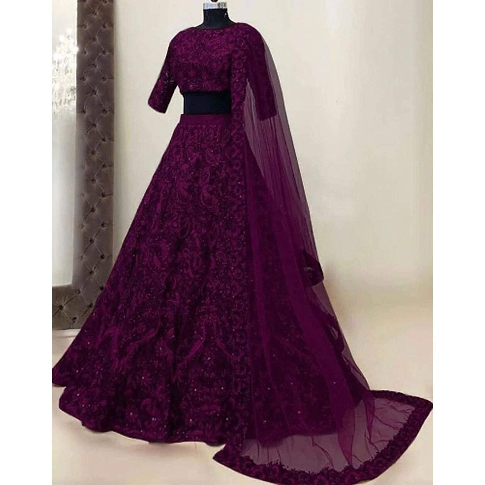 Dark Purple Soft Net Designer Embroidered Sequence Work Lehenga Choli ClothsVilla