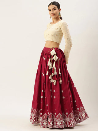 Maroon and beige woven design lehenga choli ClothsVilla