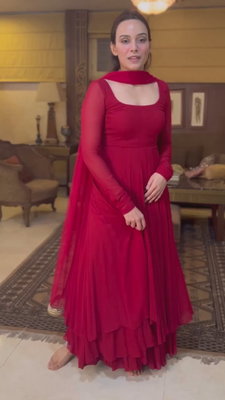 Red Faux Georgette Plain Gown With Dupatta