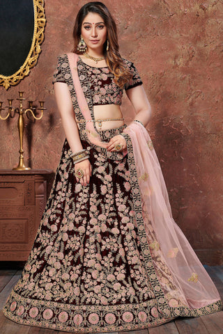Amazing Dark Maroon Thread Embroidered Velvet Silk Bridal Lehenga Choli ClothsVilla