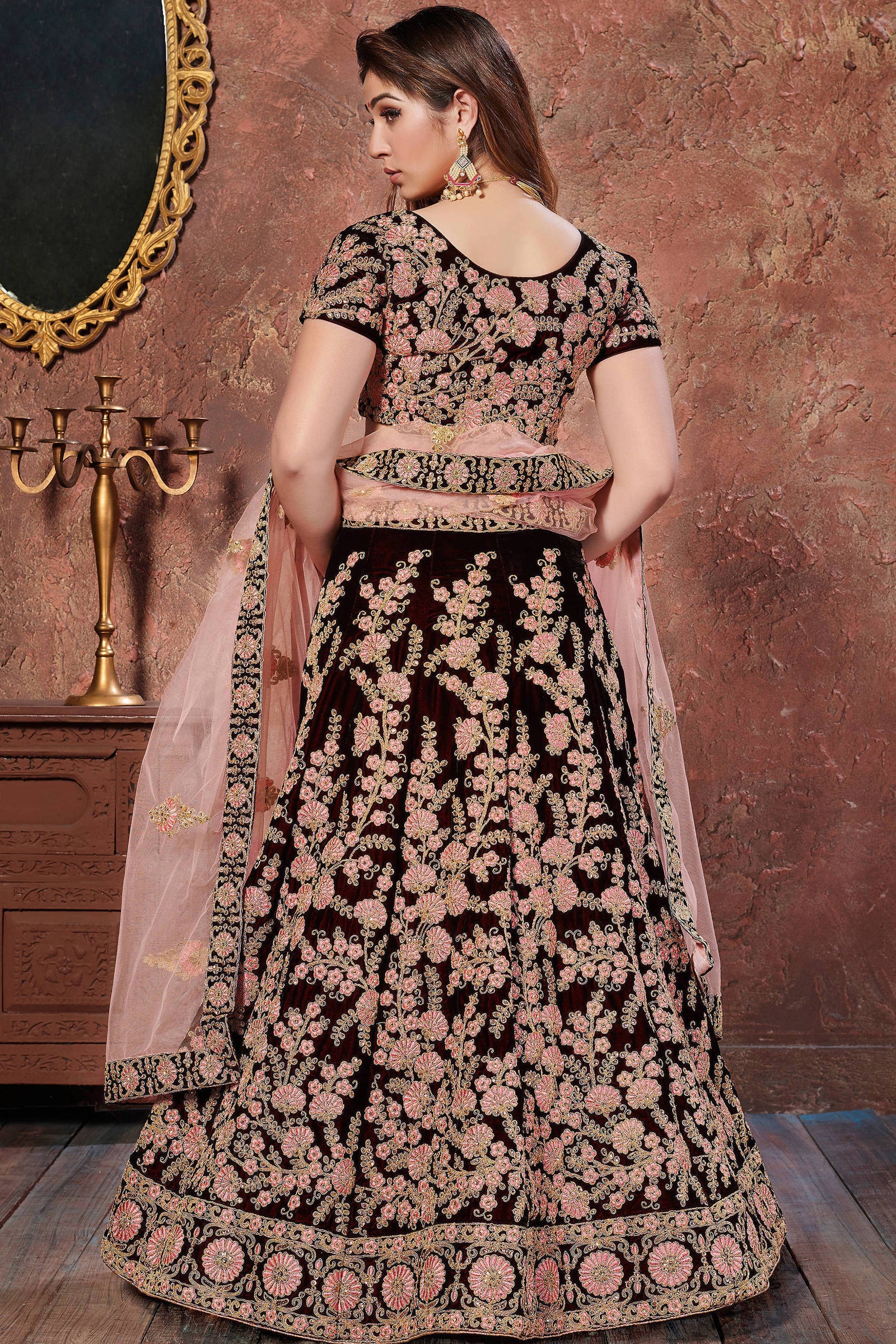 Amazing Dark Maroon Thread Embroidered Velvet Silk Bridal Lehenga Choli ClothsVilla