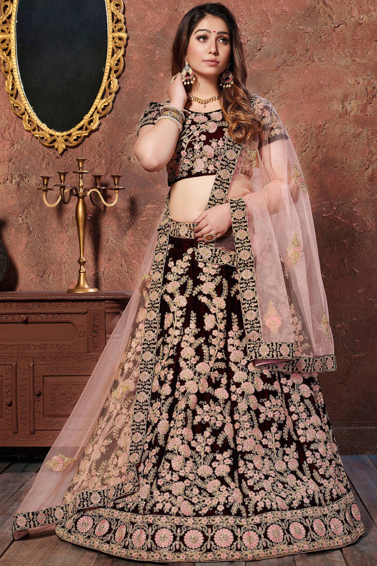 Amazing Dark Maroon Thread Embroidered Velvet Silk Bridal Lehenga Choli ClothsVilla