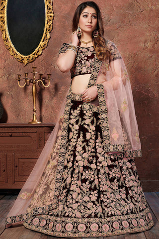 Amazing Dark Maroon Thread Embroidered Velvet Silk Bridal Lehenga Choli ClothsVilla