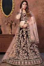 Load image into Gallery viewer, Amazing Dark Maroon Thread Embroidered Velvet Silk Bridal Lehenga Choli ClothsVilla