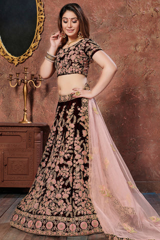 Amazing Dark Maroon Thread Embroidered Velvet Silk Bridal Lehenga Choli ClothsVilla