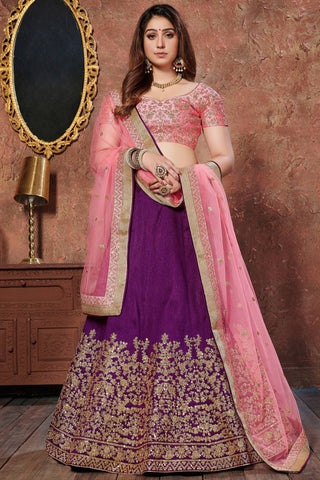 Gorgeous Purple-Pink Embroidered Mulberry Silk Wedding Lehenga Choli ClothsVilla