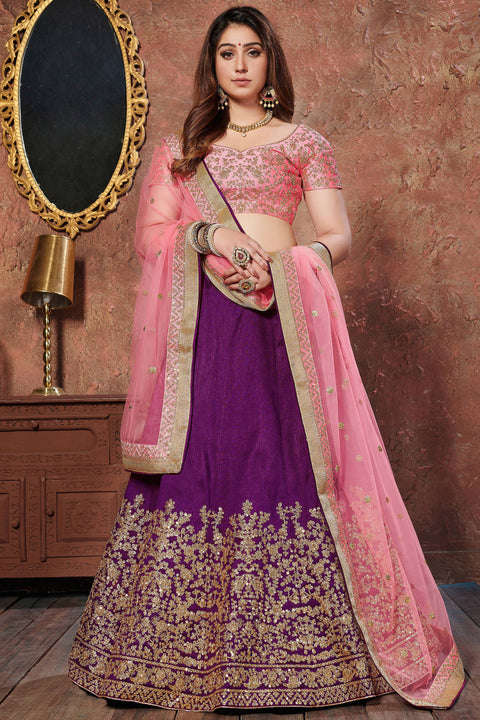 Gorgeous Purple-Pink Embroidered Mulberry Silk Wedding Lehenga Choli ClothsVilla Main image