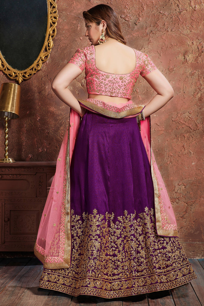 Gorgeous Purple-Pink Embroidered Mulberry Silk Wedding Lehenga Choli ClothsVilla