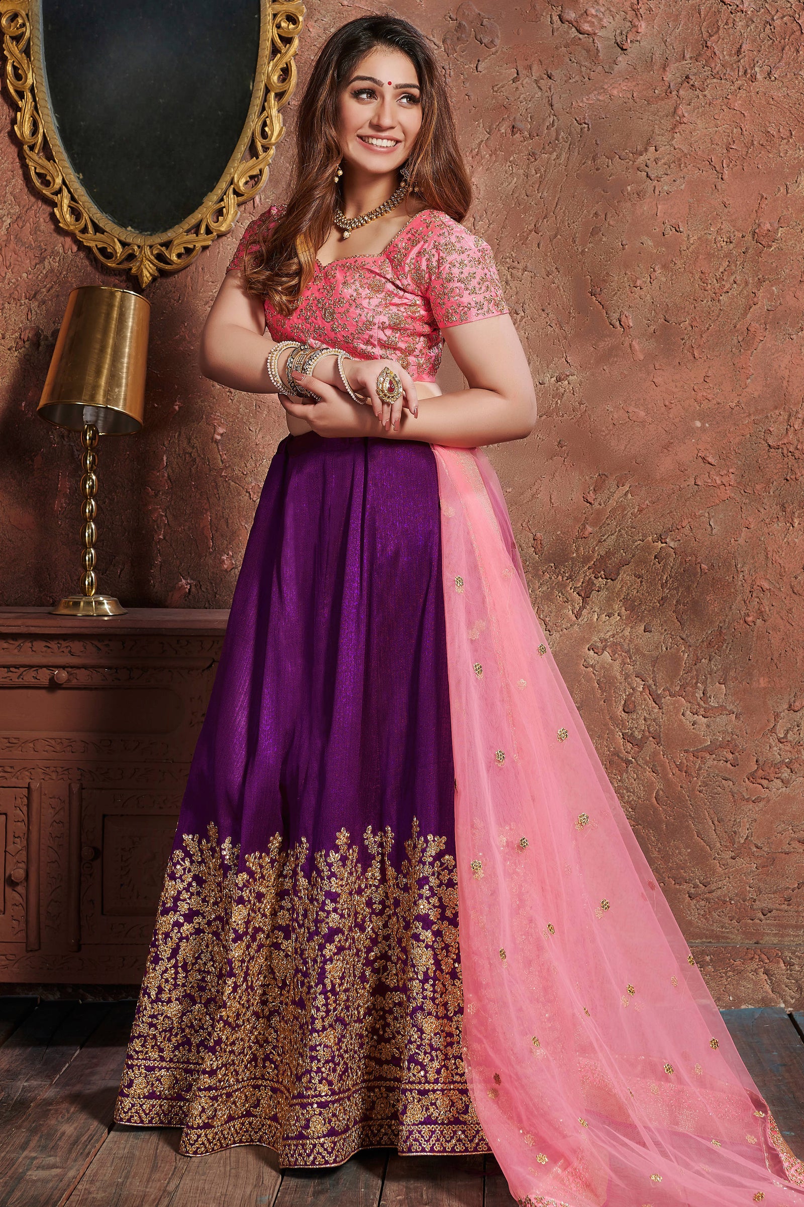 Gorgeous Purple-Pink Embroidered Mulberry Silk Wedding Lehenga Choli ClothsVilla