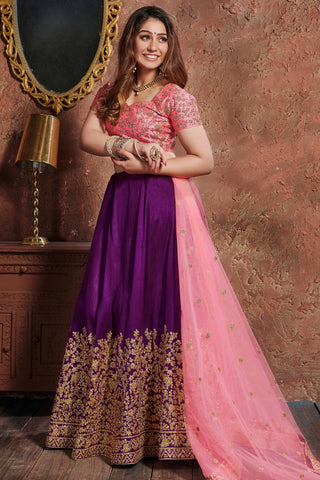 Gorgeous Purple-Pink Embroidered Mulberry Silk Wedding Lehenga Choli ClothsVilla