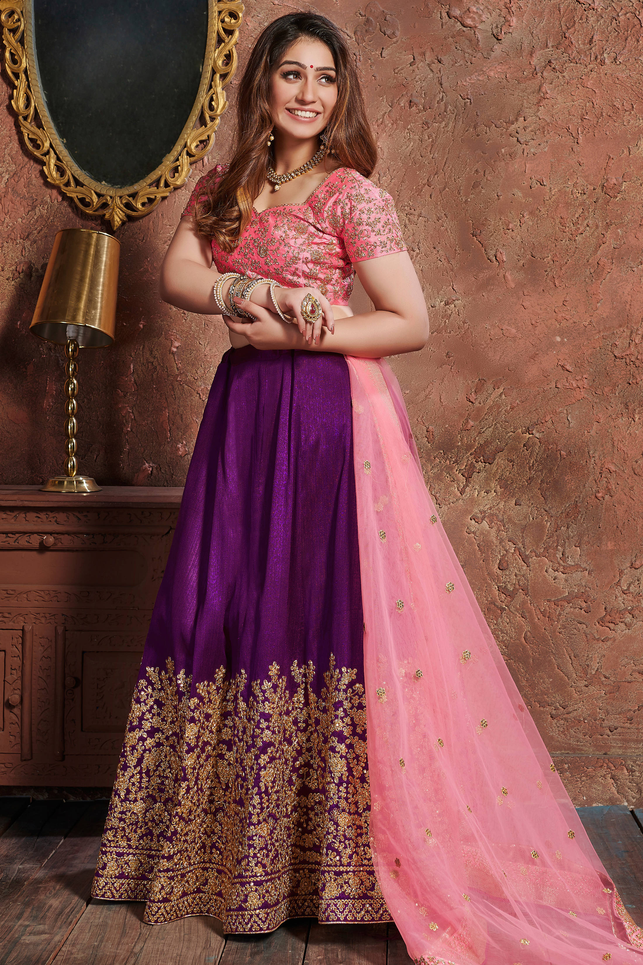 Gorgeous Purple-Pink Embroidered Mulberry Silk Wedding Lehenga Choli ClothsVilla