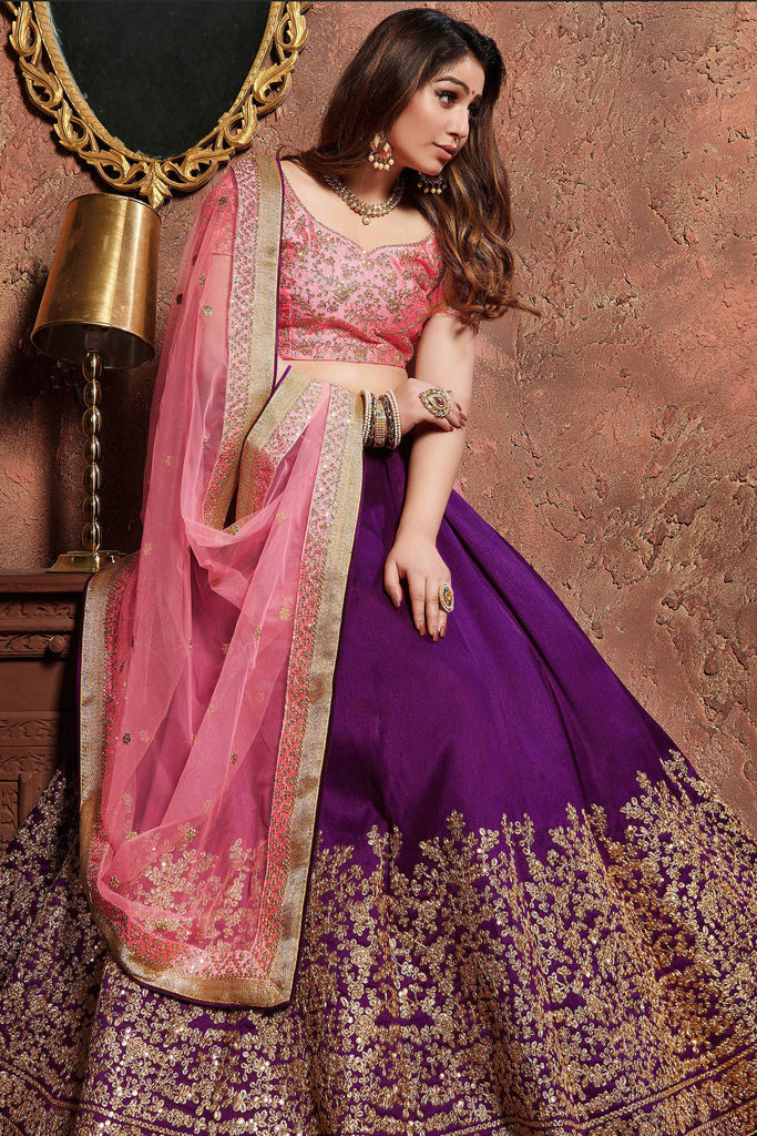 Gorgeous Purple-Pink Embroidered Mulberry Silk Wedding Lehenga Choli ClothsVilla