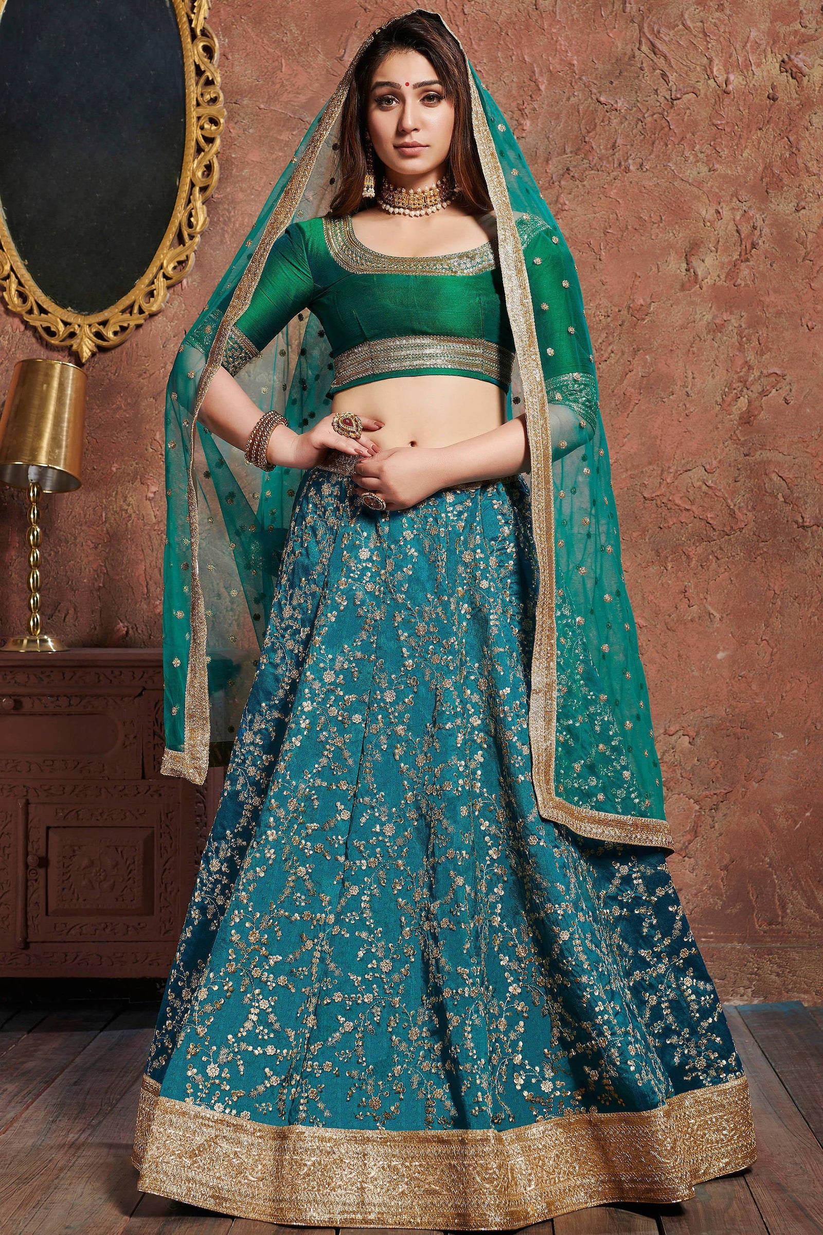 Charming Teal Green Sequins Embroidered Art Silk Wedding Lehenga Choli ClothsVilla