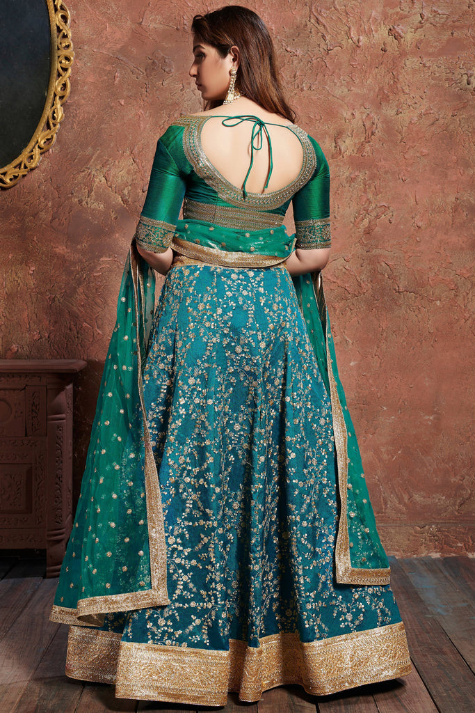 Charming Teal Green Sequins Embroidered Art Silk Wedding Lehenga Choli ClothsVilla