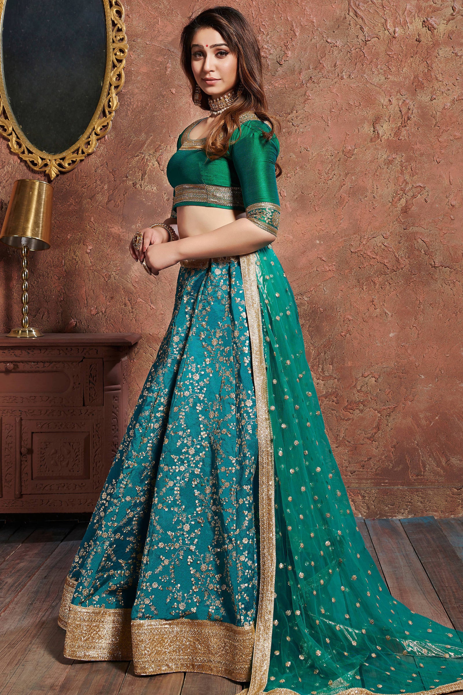 Charming Teal Green Sequins Embroidered Art Silk Wedding Lehenga Choli ClothsVilla