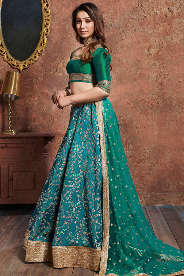 Charming Teal Green Sequins Embroidered Art Silk Wedding Lehenga Choli ClothsVilla