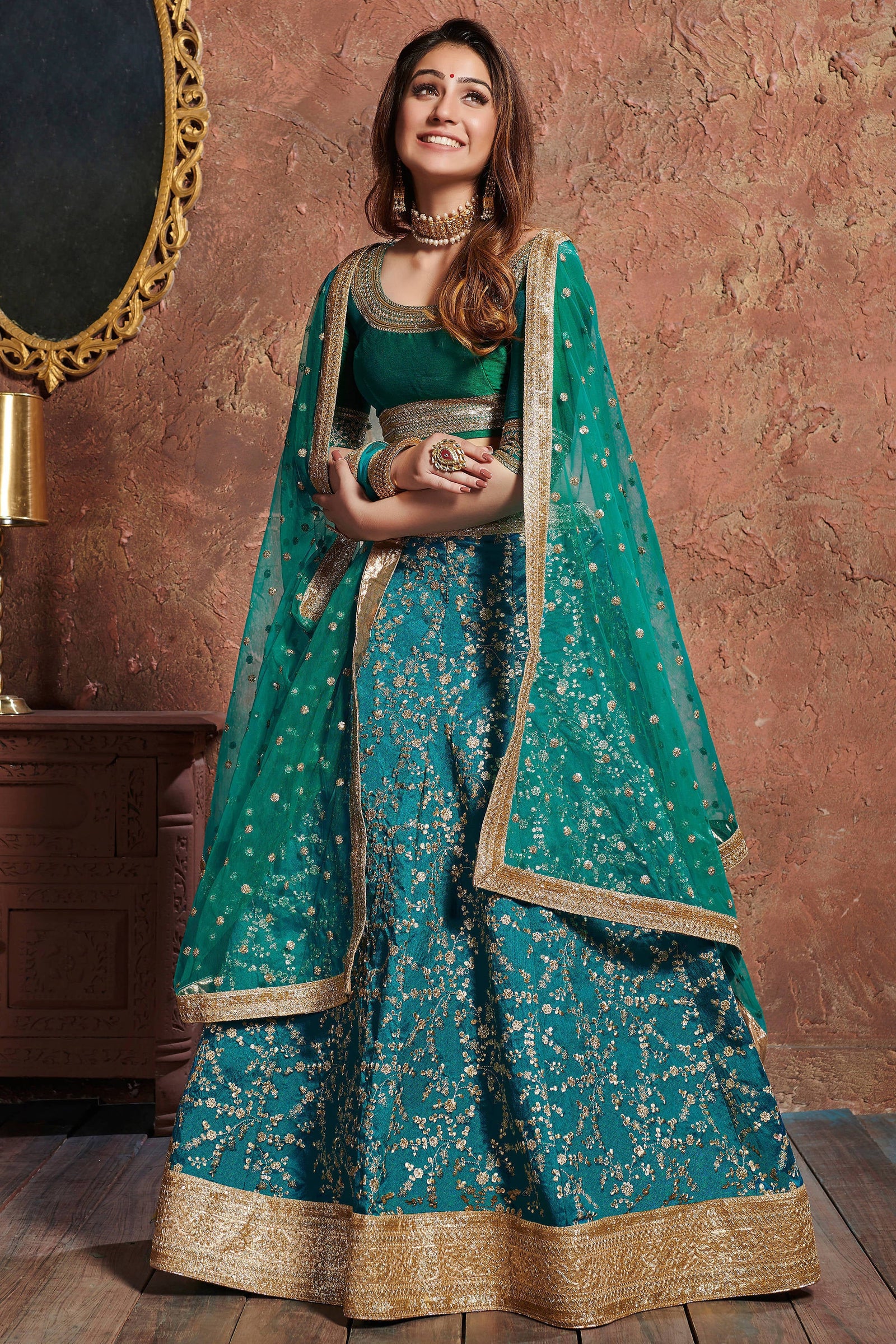 Charming Teal Green Sequins Embroidered Art Silk Wedding Lehenga Choli ClothsVilla